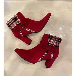 Allegra K Booties Tweed Plaid Faux Suede Ankle Boots Burgundy Sz 7 Chunky Heel